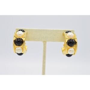 Givenchy Vintage Cabochon Clip Earrings Gold Black White Pearl Signed 1980s BinZ